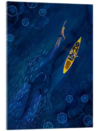 Tableau en verre acrylique Swimming woman, canoe and whale