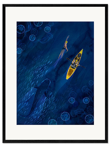Ingelijste kunstdruk Swimming woman, canoe and whale