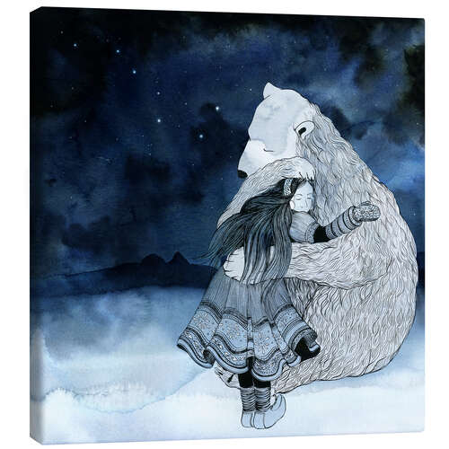 Canvas print Inuit girl embracing polar bear