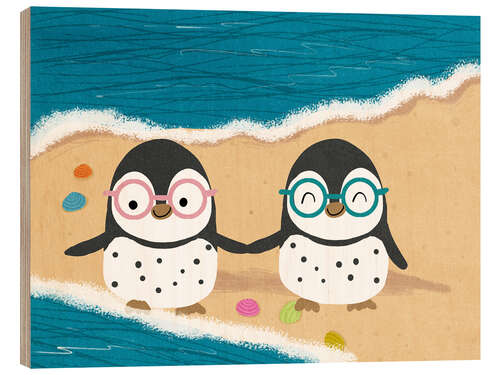 Print på træ Penguins with glasses at the beach