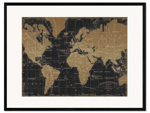 Kunsttryk i ramme Vintage World Map Black Gold