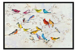 Gerahmter Kunstdruck Kleine bunte Vögel auf Zweigen