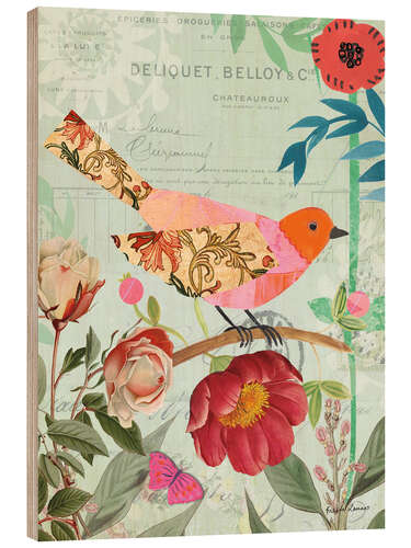 Hout print Paper bird with flowers