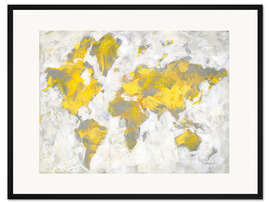 Gerahmter Kunstdruck Weltkarte Gelb Grau