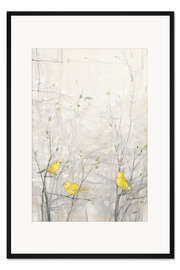 Gerahmter Kunstdruck Gelbe Vögel auf zarten Zweigen