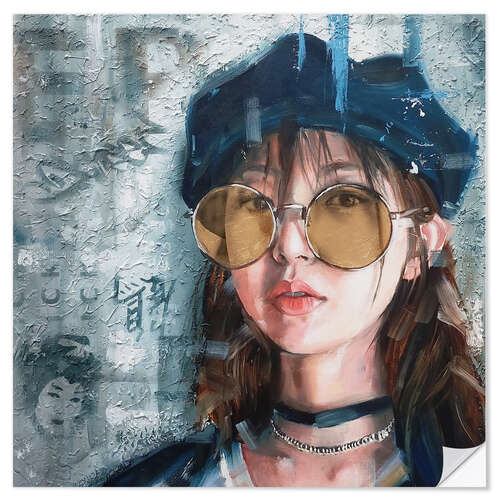 Wall sticker Japanese girl with golden glasses