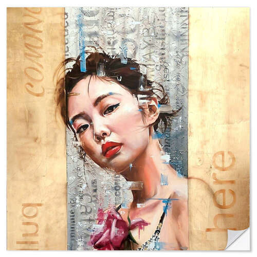 Wandsticker Beautiful Japanese girl portrait with gold elements