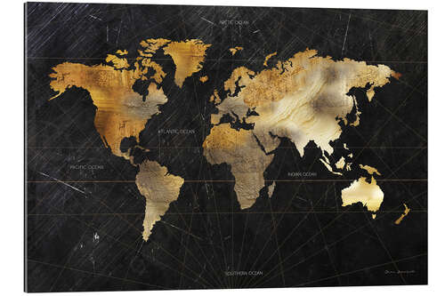 Quadro em plexi-alumínio Golden world map on black