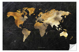 Muursticker Golden world map on black