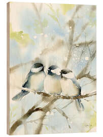 Wood print Three Chickadees in Spring