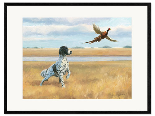 Innrammet kunsttrykk Pheasant and hound by the river