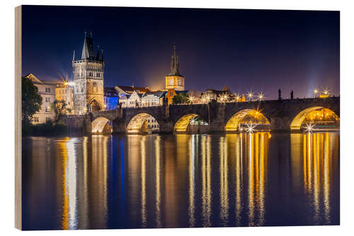 Tableau en bois Charles Bridge in Prague at night