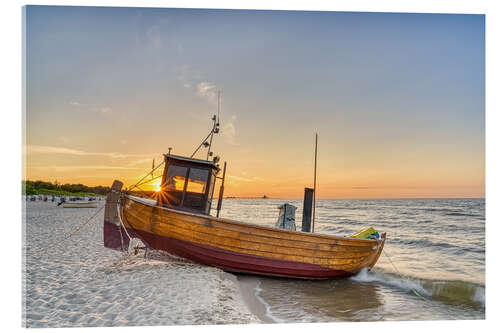 Stampa su vetro acrilico Fishing boat at sunset