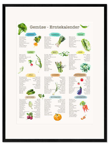 Impression artistique encadrée Calendrier des légumes de saison (allemand)