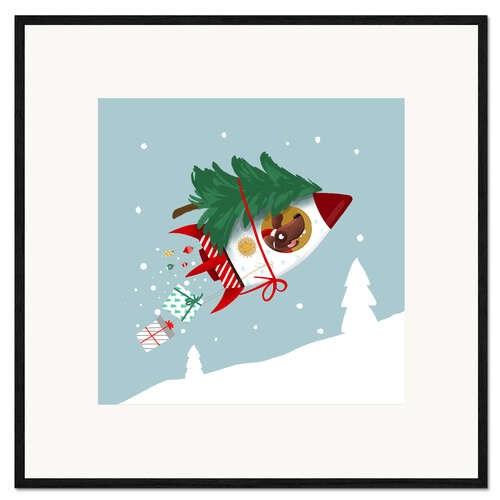 Kunsttryk i ramme Dog in the Christmas rocket
