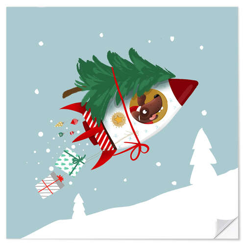 Muursticker Dog in the Christmas rocket