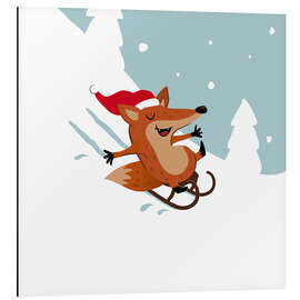 Tableau en aluminium Christmas-fox rides a sled