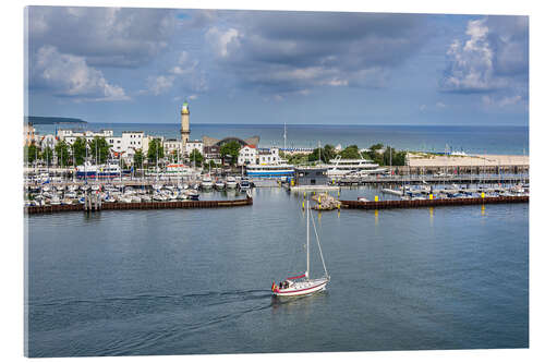 Acrylic print View of Warnemünde with sailing ship and lighthouse