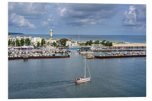 Tableau en PVC View of Warnemünde with sailing ship and lighthouse