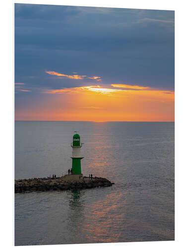 Tableau en PVC Mole on the Baltic Sea coast in Warnemünde with sunset