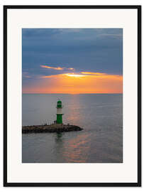 Gerahmter Kunstdruck Mole an der Ostseeküste in Warnemünde mit Sonnenuntergang