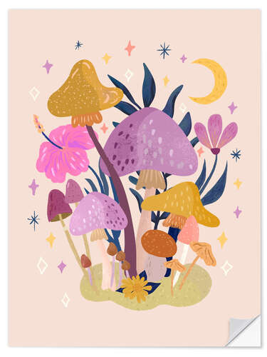 Selvklebende plakat Mushrooms, flowers and stars