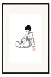 Gerahmter Kunstdruck Geisha mit einem Fächer