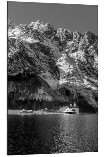 Aluminium print Königssee with St. Batholomä, b/w