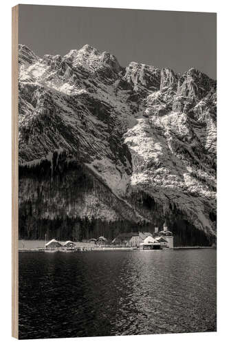 Wood print Königssee with St. Batholomä, b/w