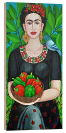 Holzbild Frida Kahlo mit einer Schale voll Paprika