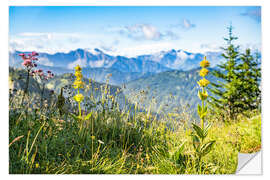 Selvklebende plakat Alpine panorama with wildflowers