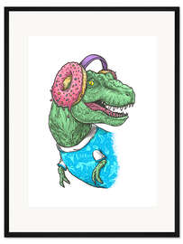 Gerahmter Kunstdruck T-Rex mit Donut-Kopfhörern