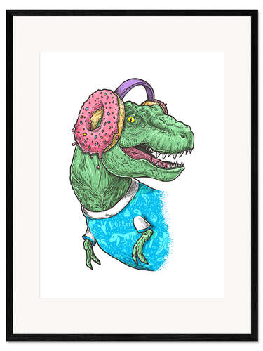 Impression artistique encadrée T-Rex with Donut Headphones