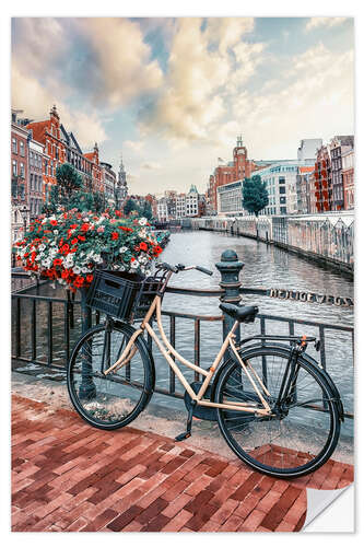 Muursticker Flower bicycle on the canal in Amsterdam