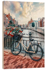 Hout print Flower bicycle on the canal in Amsterdam