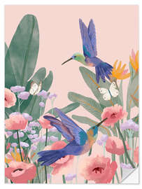 Selvklebende plakat Hummingbirds and flowers