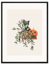 Gerahmter Kunstdruck Schwarze Katze und Kürbis Halloween