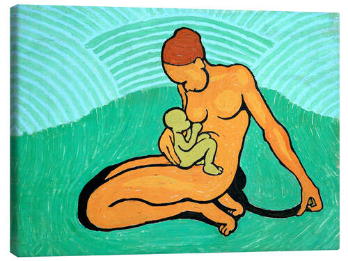 Stampa su tela Mother and child on a green background