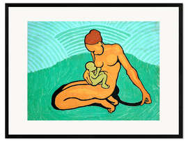 Innrammet kunsttrykk Mother and child on a green background