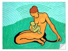 Sticker mural Mother and child on a green background