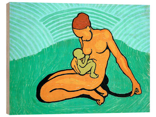 Wood print Mother and child on a green background