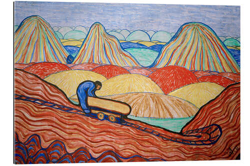 Quadro em plexi-alumínio Clay worker with yellow cart