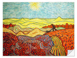 Selvklebende plakat Landscape with sun and cart pusher