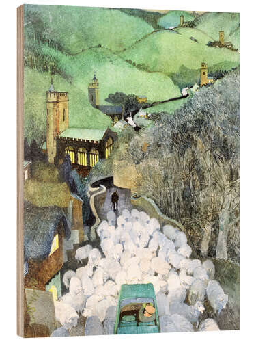 Wood print Sheep on the Road