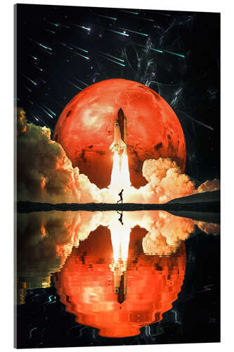 Acrylic print Rocket Launch in front of red Planet Mars