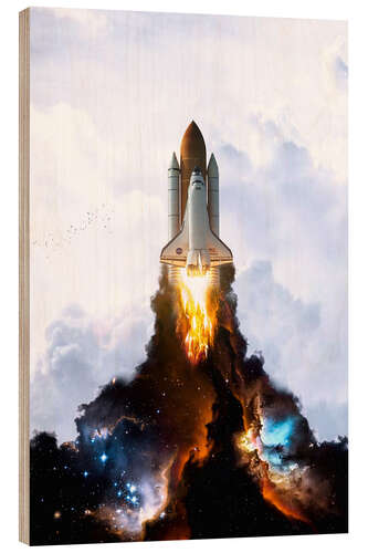 Wood print Rocket Launch with Galaxy-Smoke