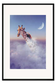 Gerahmter Kunstdruck Giraffe und roter Panda über den Wolken