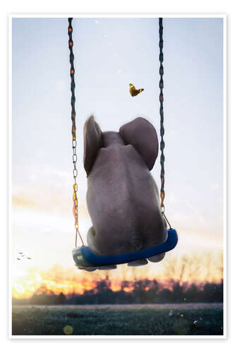 Poster Little Elephant rocks on a Swing