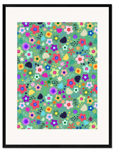 Plakat artystyczny premium w ramie Psychedelic green floral pattern