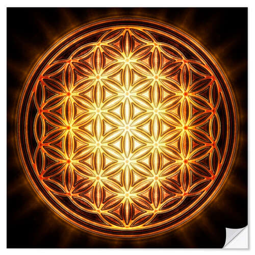 Selvklebende plakat Flower of Life - Gold Sun